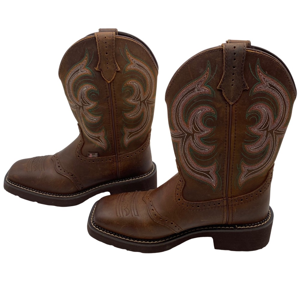 Justin Gypsy Western Boots Womens 7B Brown Leather Embroidered Square Toe GY9984